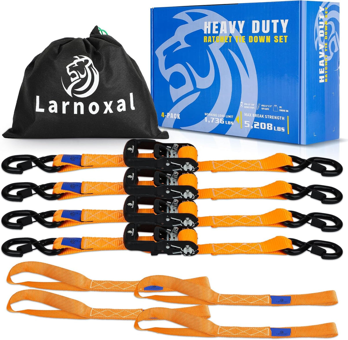 Ratchet Straps 4 Pack - 5,208 Lbs Break Strength 1.5 in x 8.2 Ft Heavy Duty Ratchet Tie Down Straps with S Hooks Set for Truck, Cargo Van, Trailer, Motorcycle (Orange)