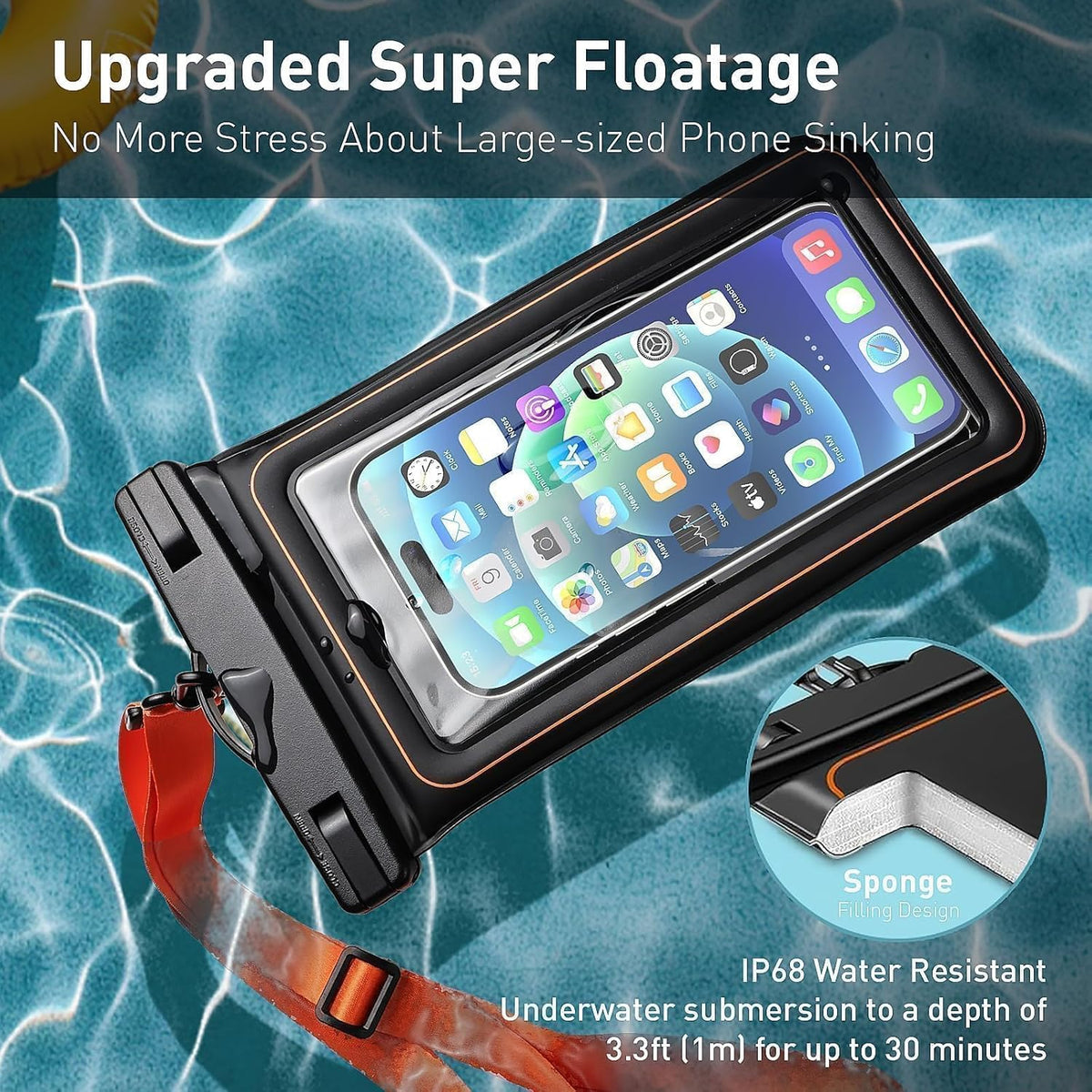 Marine IP68 Universal Waterproof Phone Pouch, Floating Waterproof Phone Case for Cellphone Up to 7", Beach Accessories for Vacation Must Haves, 2 Pack-Black/Hi-Vis Orange