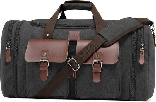 Canvas Duffle Bag for Men 50L Travel Duffel Bags Expandable Genuine Leather Overnight Weekender Carry On Bag Two Zipper Pockets Travel Bag (Black, Large-50L)