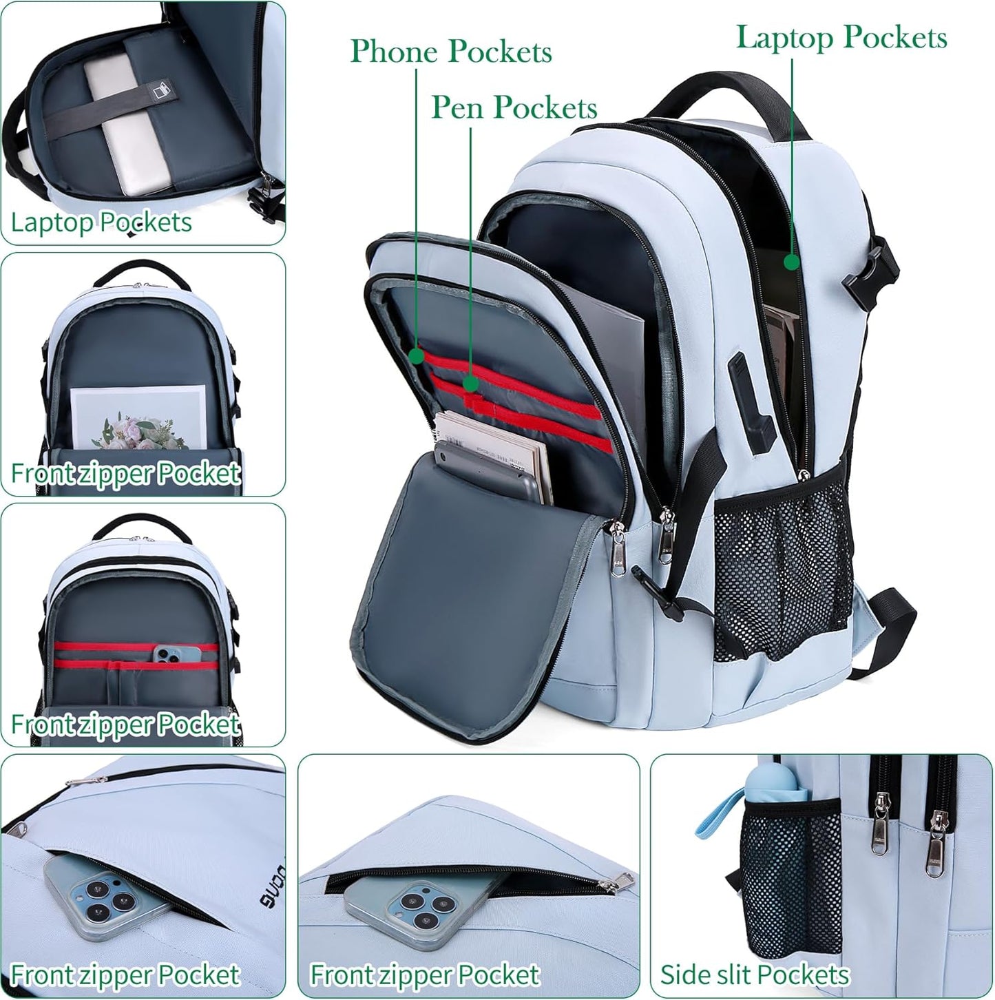 FENGDONG 17.3 inch Large Laptop Backpack Durable Waterproof Travel College Backpack Bookbag for Men & Women Business Backpack with USB Charging Port,Headset Port Light Blue