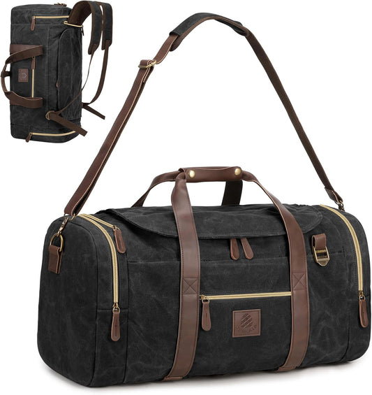 50L Duffle Bag for Men, Nomad Waxed Canvas Travel Duffel Bag Vintage Genuine Leather Travel Handbag Upgraded Weekender Overnight Backpack with Shoes Compartment (Vintage Black, Large-50L)