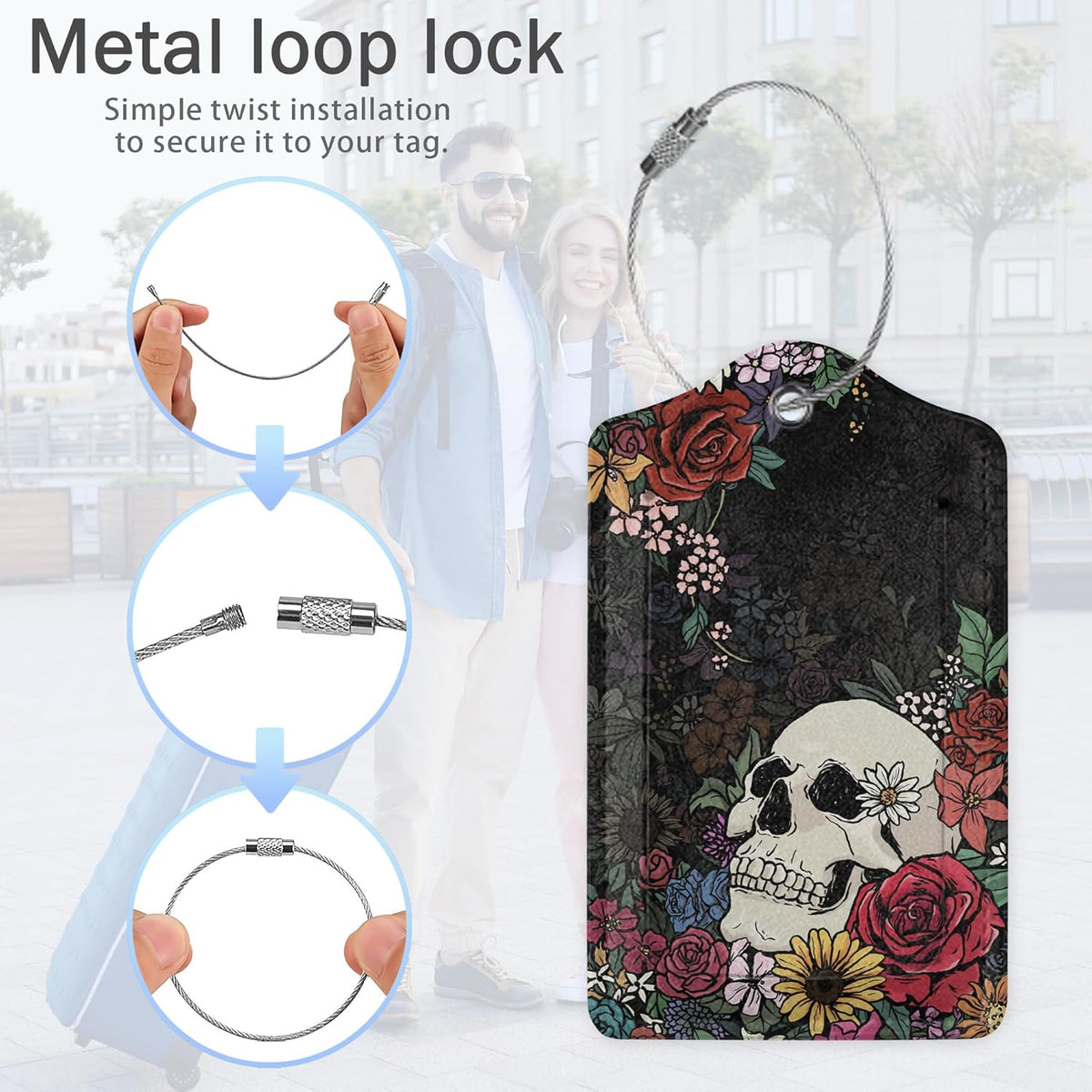 Skull Flowers Luggage Tags,2 Pack Luggage Tag,Leather Privacy Cover ID Label with Stainless Steel Loop for Women Men Kids Girls Travel