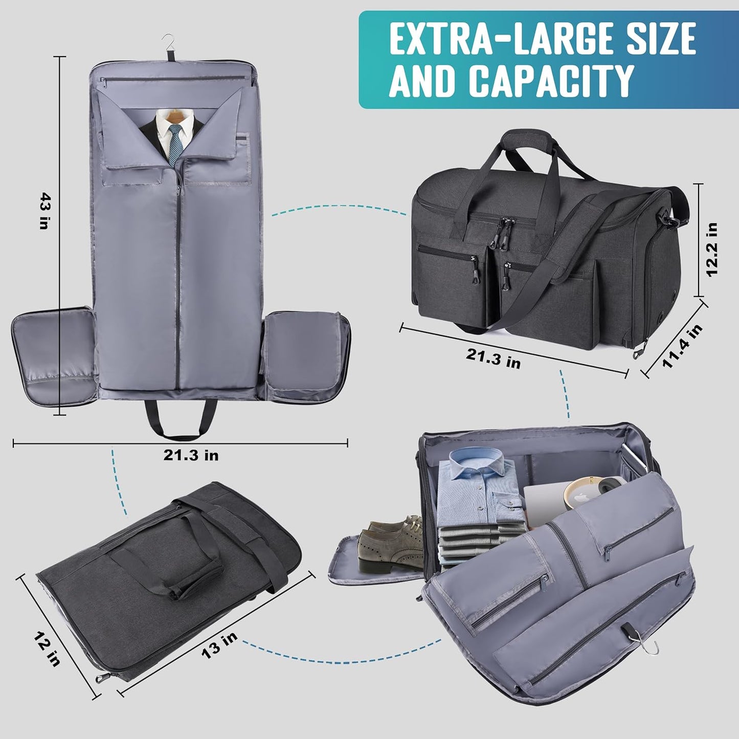 Convertible Garment Duffel Bag with Mesh Storage Bag, Water-Resistance Carry On Garment Bag with Suit Compartment, 2 in 1 Hanging Suit Travel Bag (Black)