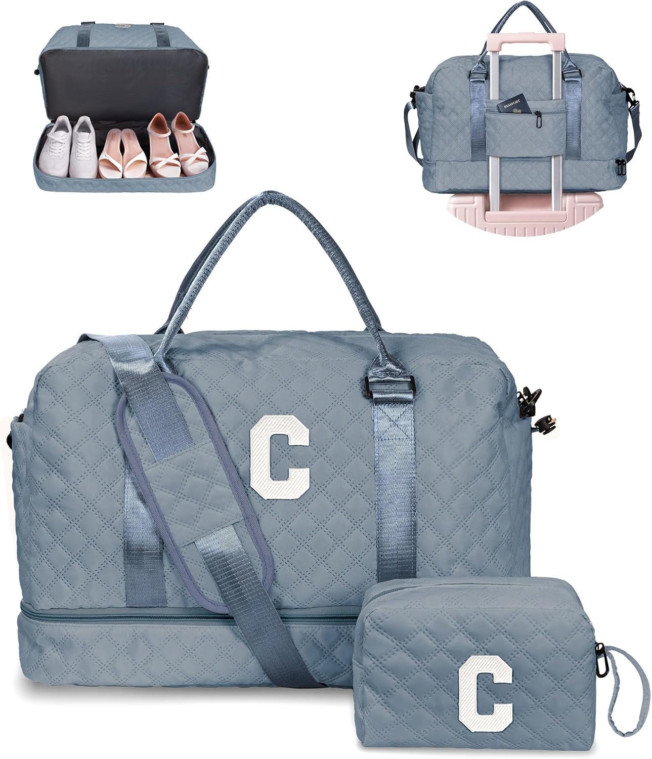 Birthday Gifts for Women - Initial Personalized Duffle Bag with Shoe Compartment - Teens Weekender & Overnight Travel Bag (Letter C)