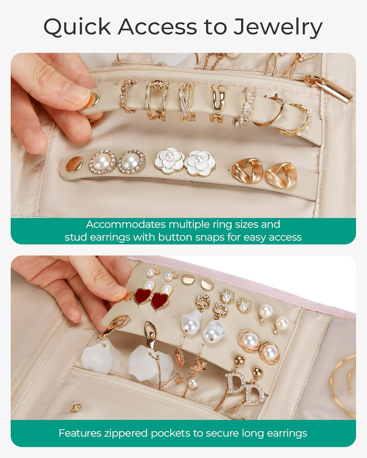 BAGSMART Travel Jewelry Organizer Case, Foldable Jewelry Roll for Necklaces, Earrings, Journey-Rings, Bracelets, Brooches, Portable, Beige