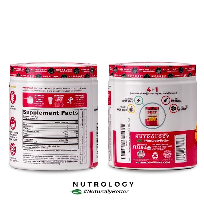 Nutrology Beet Active, Natural Pre-Workout Powder, Supports Energy, Endurance & Nitric Oxide Flow with Beet Powder, Yerba Mate & Electrolytes, Vegan Pre Workout, Passion Fruit Flavor, 30 Servings