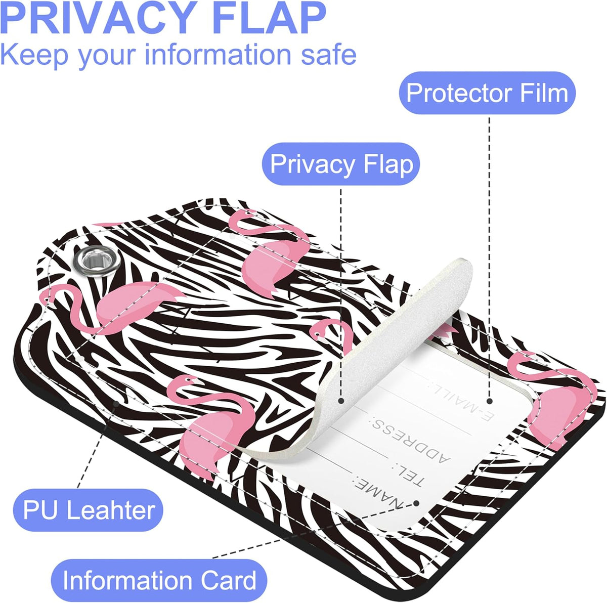 Set of 2 Luggage Tags for Suitcase Pink Flamingos Leather Baggage Tags Set with Stainless Steel Loop Name Address Labels Privacy Cover for Men Women Travel Bag Suitcase, 4.6 x 2.7 inch