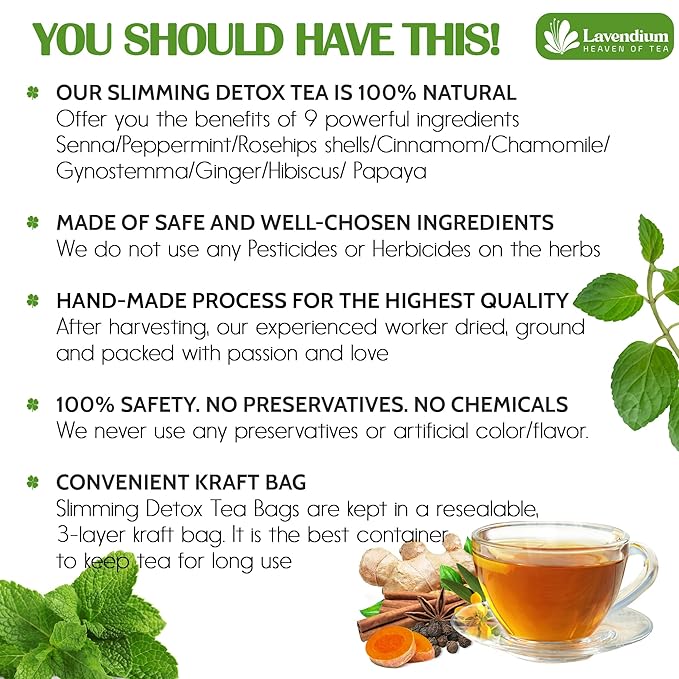 100 Bags - SIimming Detox Tea Caffeine Free - Herbal Tea with Chamomile, Hibiscus Tea & Ginger Root for Colon Cleanse – Natural Citrus & Cinnamon Herbal Tea for Digestive Health