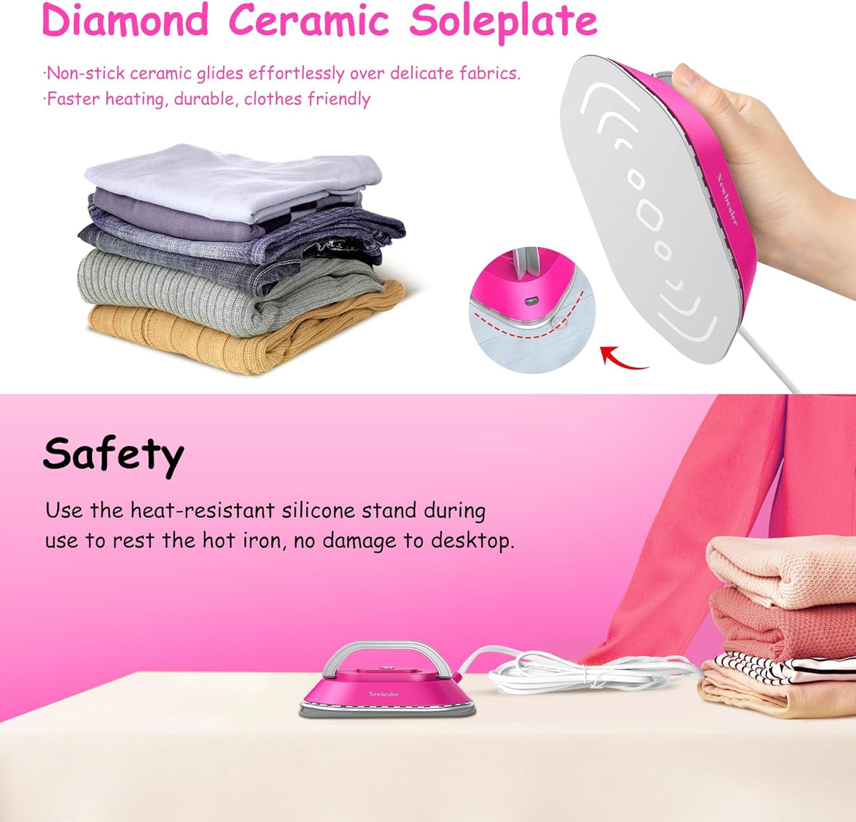 Newbealer Travel Iron with Dual Voltage - 120V/220V Lightweight Dry Iron for Clothes (No Steam), Non-Stick Ceramic Soleplate, 302℉ Heat Press Machine, w/Spray Bottle, Pouch & Silicone Stand (Hotpink)