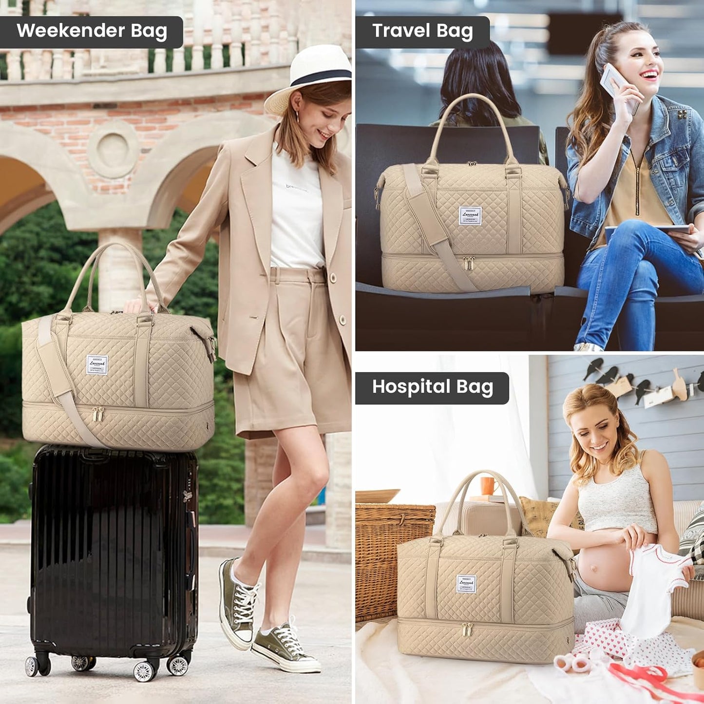 LOVEVOOK Travel Duffle Bag,Weekender Bags for Women with Shoe Compartment，Carry on Overnight Bag with Toiletry Bag,Gym Duffel Bag with Wet Pocket, Hospital Bags for Labor and Delivery