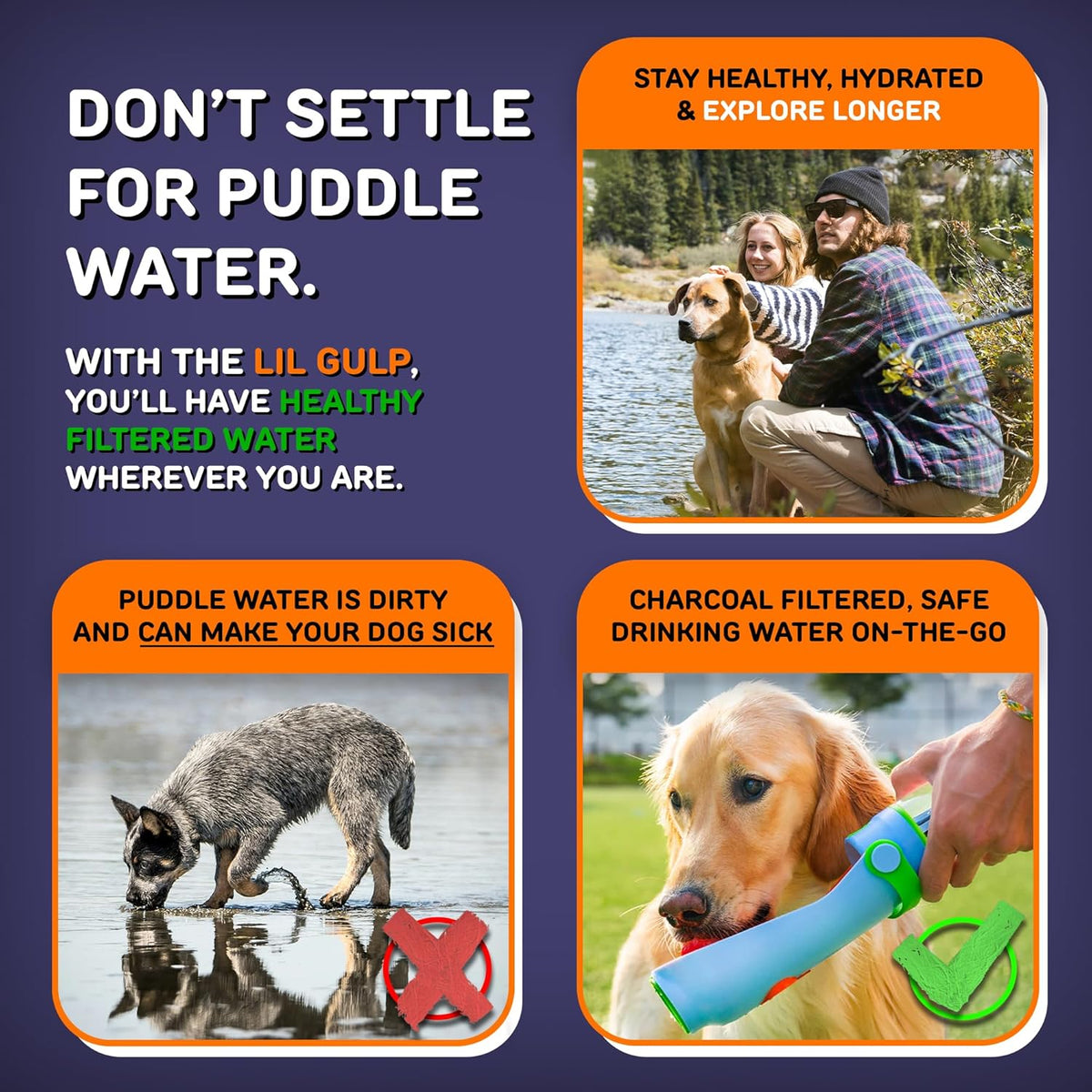 Lil Gulp Dog Water Bottle | Advanced Carbon Filtration for Safe Filtered Water on The Go | BPA-Free Leak-Proof Portable Dog Travel Water Bottle with Retractable Water Spout 15 Fl oz - Cotton Candy