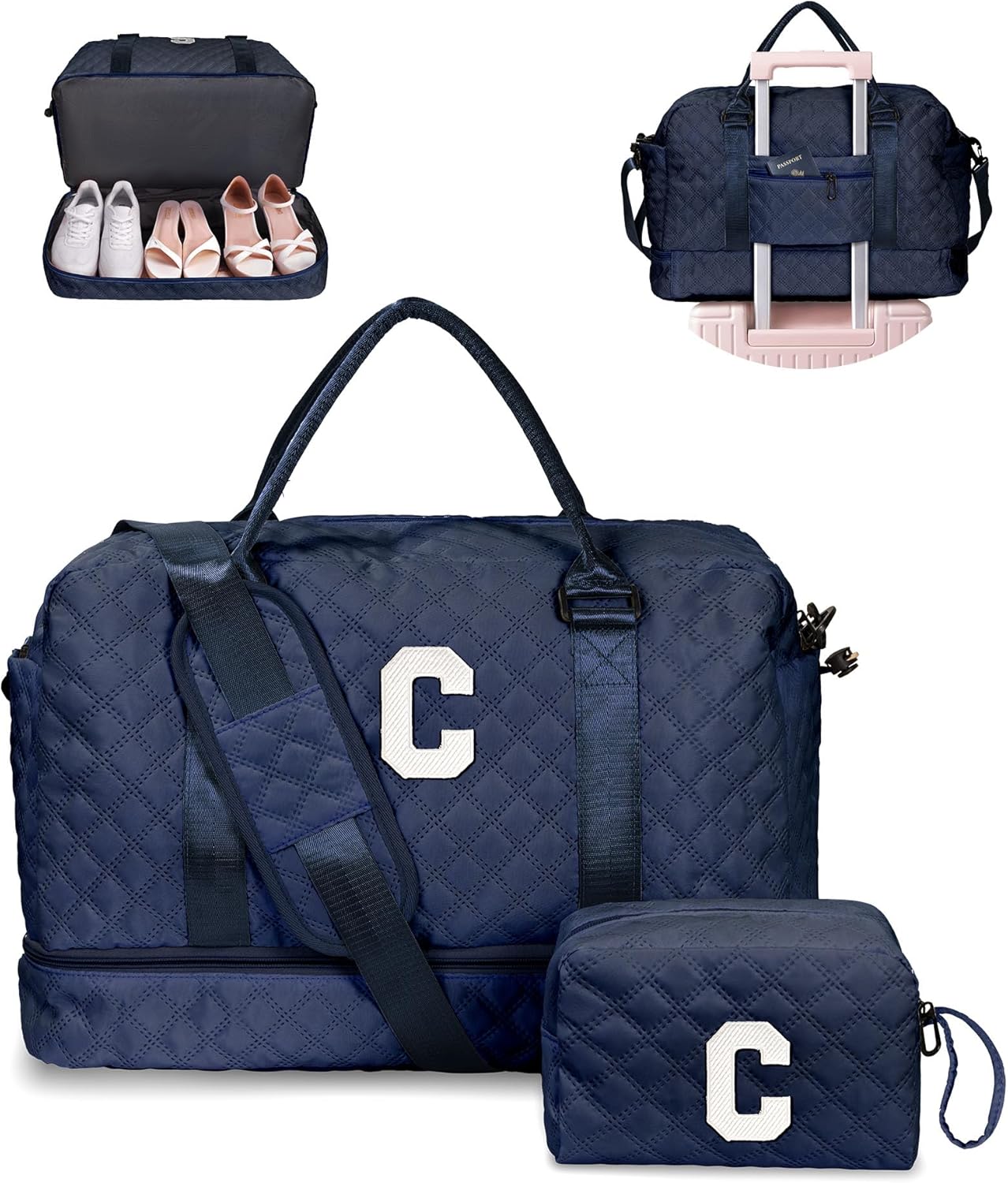 Birthday Gifts-for Women-Initial Duffle Bag with Shoe Compartment, Personalized Weekender Bag, Monogram Overnight Bag, Letter Travel Bag with Makeup Bag，Friend Wife Birthday Gift (Letter C)