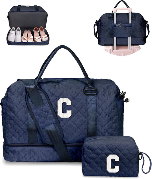 Birthday Gifts-for Women-Initial Duffle Bag with Shoe Compartment, Personalized Weekender Bag, Monogram Overnight Bag, Letter Travel Bag with Makeup Bag，Friend Wife Birthday Gift (Letter C)