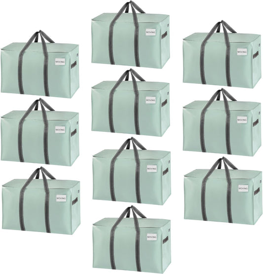VENO 10 Pack Moving Bags, Heavy Duty, Moving Boxes Alternative, Packing Storage Supplies for Dorm Room Essentials with Zipper for Clothes, Extra Large Totes for Packaging (Shiny Light Green, 10 Pack)