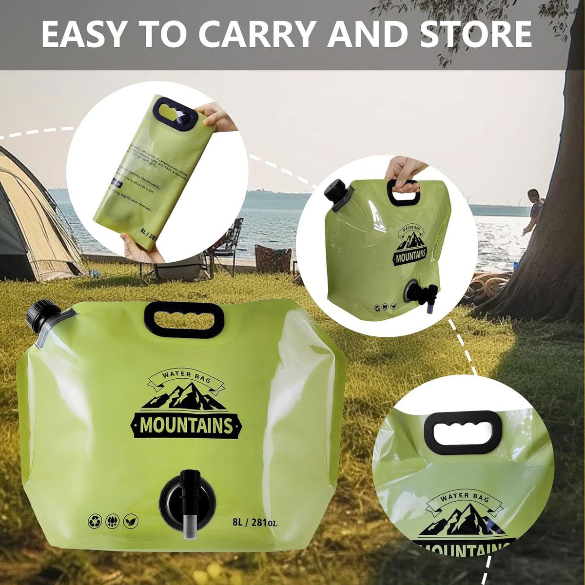 Collapsible 8L Water Storage Bag, BPA-Free Portable Folding Water Jug with Adjustable Faucet, Leakproof Emergency Water Bag for Camping, Hiking, Riding, Outdoor Sport (GREEN, 4)