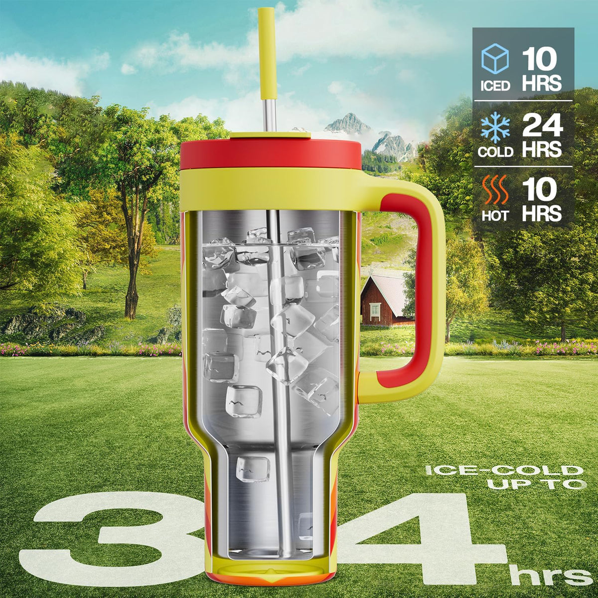 POWCAN 40 oz Tumbler with Handle, 2-in-1 Straw and Sip Lid, Leakproof, Dishwasher Safe, Insulated Stainless Steel Travel Coffee Mug, Keeps Cold for 34 Hours, Fits in Car Cup Holder (Fiery Love)