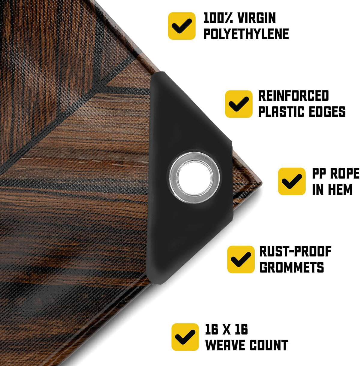 Core Tarps Extreme Heavy Duty 20 Mil Tarp Cover, Waterproof, UV Resistant, Rip and Tear Proof, Poly Tarpaulin with Reinforced Edges for Roof, Camping, Patio, Pool, Boat (Brown Wood/Black 30′ X 40′)