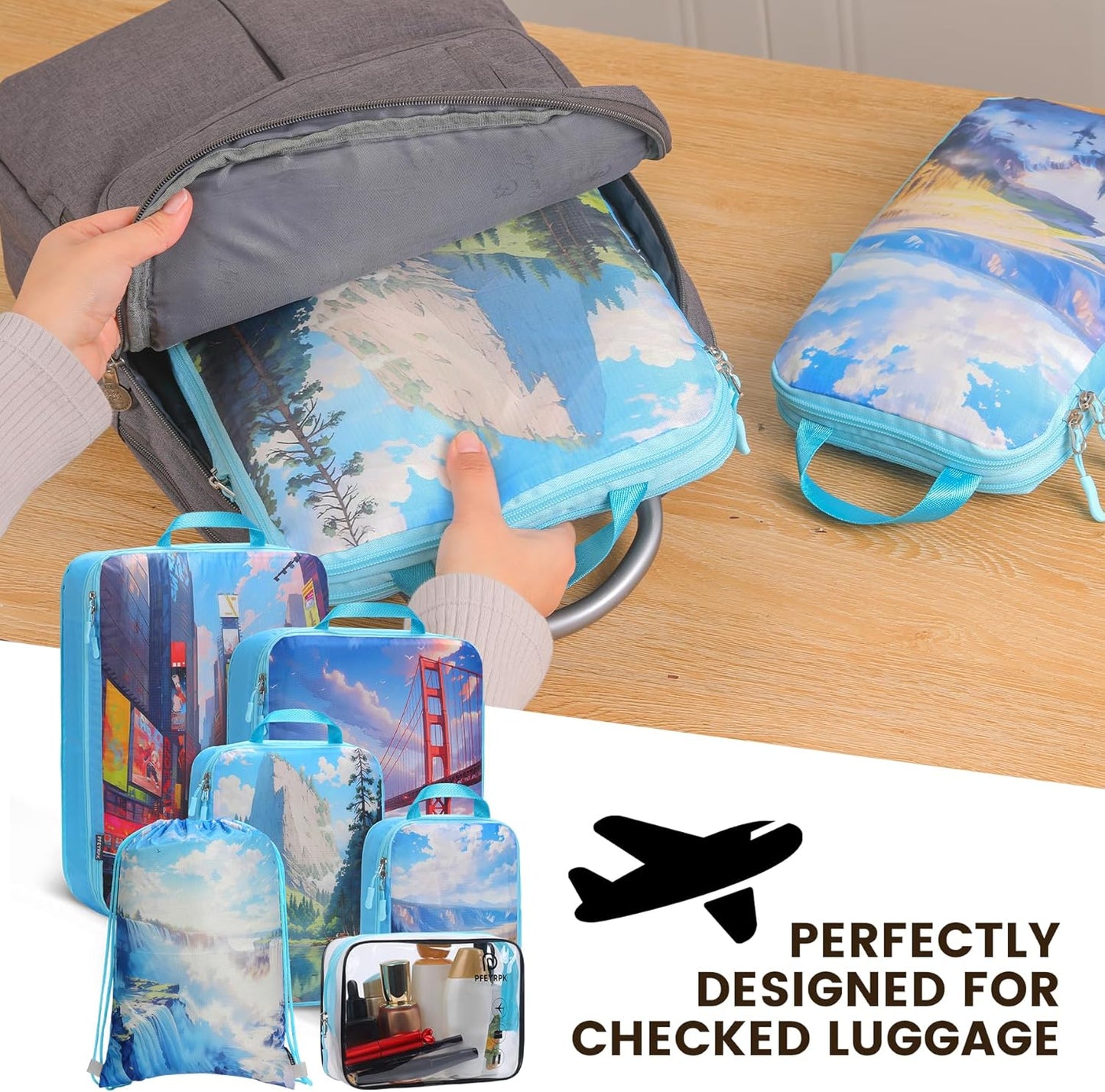 Lightweight Compression Packing Cubes for Suitcases, Compressible Expandable Travel Packing Organizer with Clear Toiletries and Backpack Bag, Travel Essentials for Carry on Luggage 7 Set