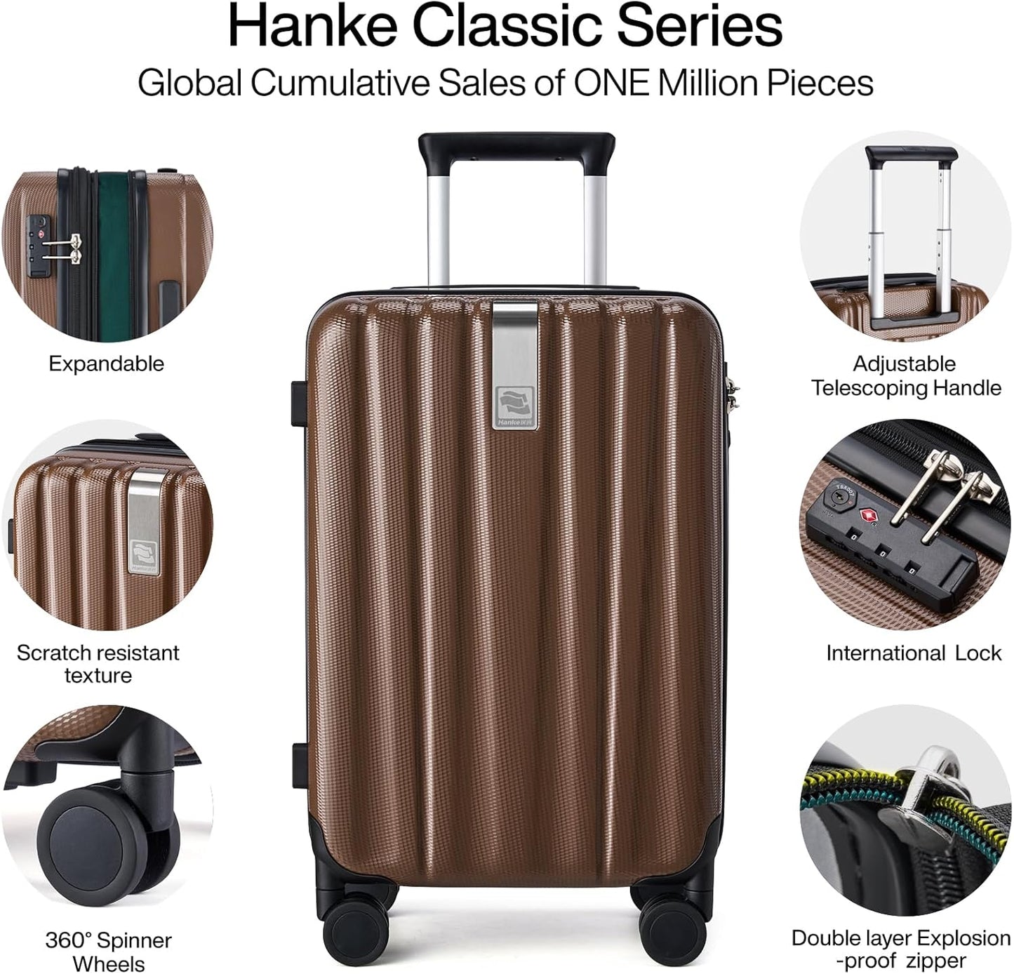 Hanke 20 Inch Expandable Carry on Luggage 22x14x9 Airline Approved Lightweight PC Hard Shell Suitcases with Wheels Tsa Luggage Rolling Suitcase Travel Luggage Bag for Weekender(Brown)