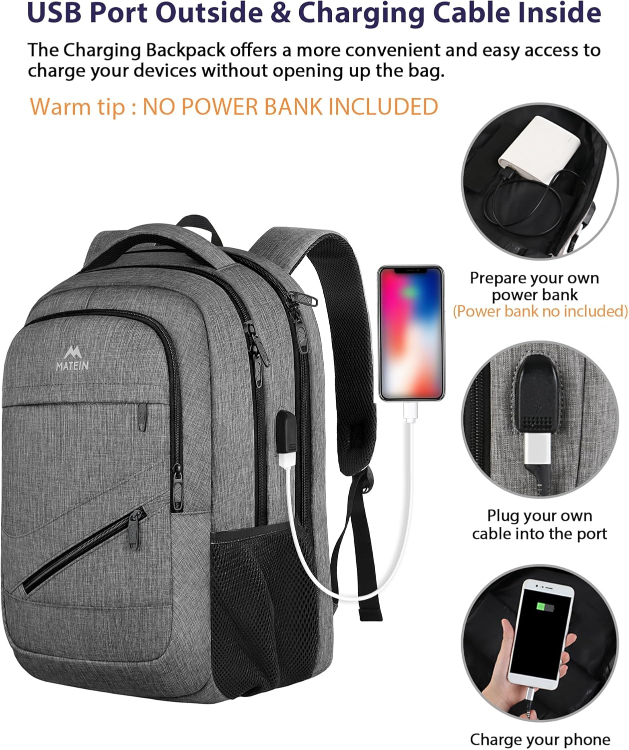 MATEIN 15.6 Inch Student Laptop Backpack, 20 L Airline Personal Item College School Book Bag with TSA Laptop Compartment, Water Resistant Work Commute Computer Backpack for Men Women, Grey