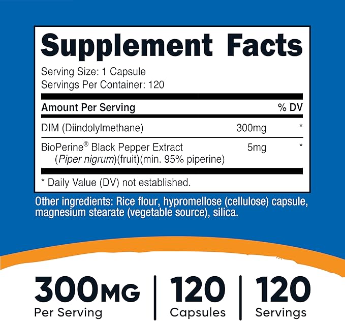 Nutricost DIM (Diindolylmethane) Plus BioPerine 300mg, 120 Vegetarian Capsules - Up to 4 Month Supply, Max Strength DIM Supplement