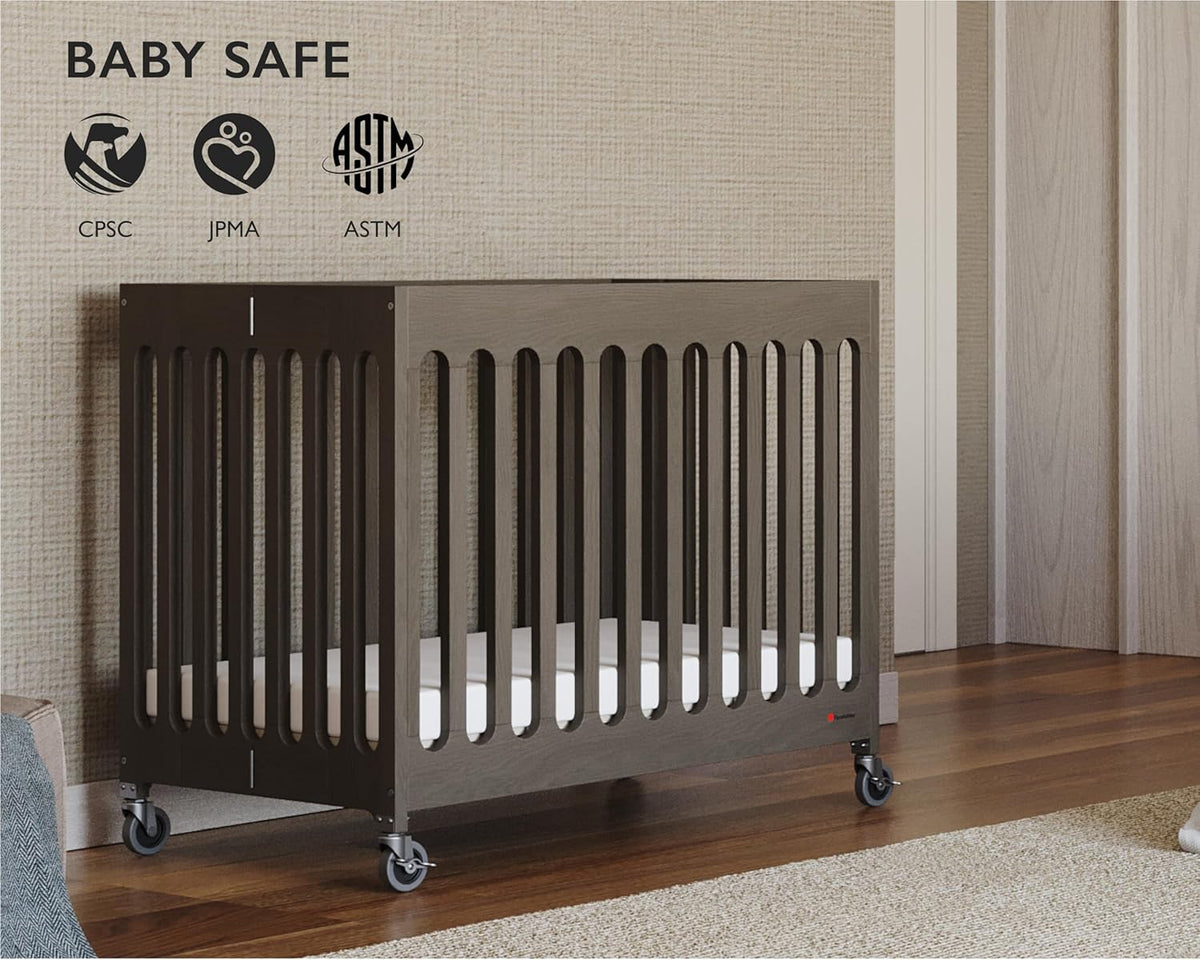 Foundations Boutique Folding Mini Baby Crib - Compact, Portable, Wooden Hotel Crib, Foldable Mini Crib for Baby & Toddlers - Includes 3" Foam Mattress, Dapper Gray