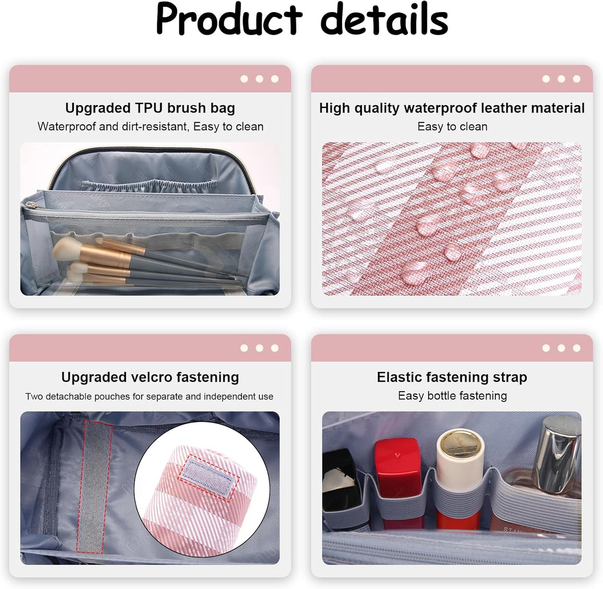 BOYATU Makeup Bag Travel Cosmetic Bag: 3 Pcs Set Portable Make up Bags for Women with Handle - Waterproof Vegan Leather Toiletry Organizer Bags with Comparments (F-03-Pink)