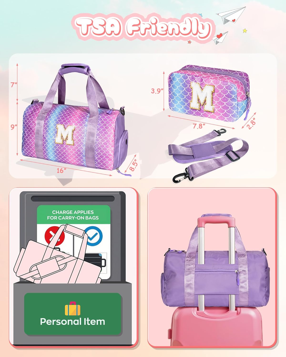 8 Year Old Girl Birthday Gift -Girl Gym Bag with Shoe Compartment, Kid Personalized Weekender Pool Bags, Initial Travel Tote with Makeup Pouch, Valentines Day Gift for Girls (Letter R)