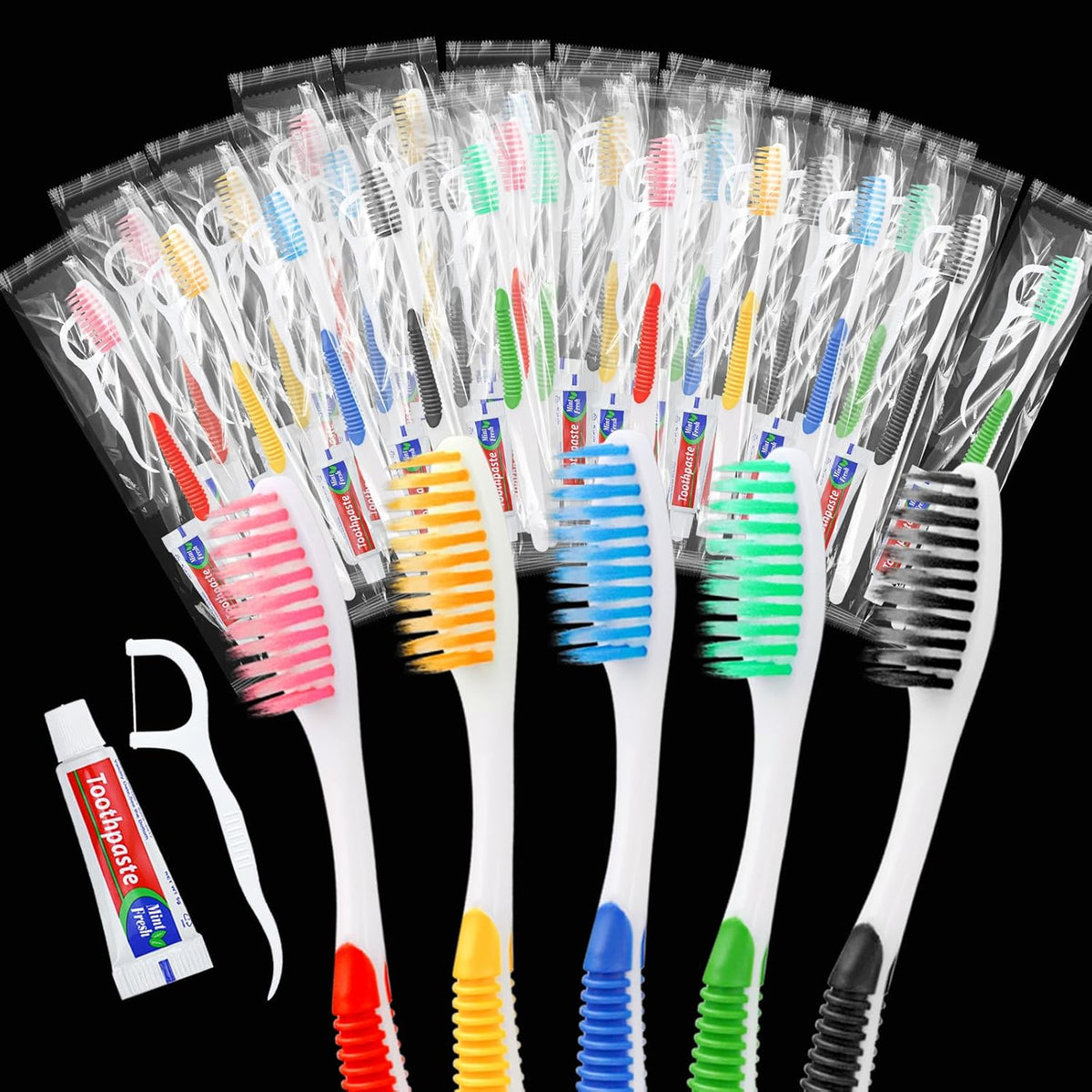 Disposable Toothbrushes with Toothpaste and Floss,100pcs Single Use Individually Wrapped Disposable Travel Toothbrushes and Dental Floss Kit Bulk for Homeless,Airbnb,Dentist,Hotel(5 Colors)