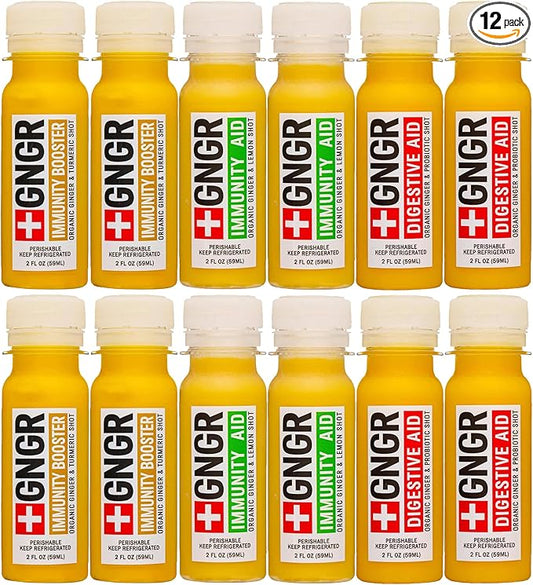 '+GNGR Immunity Sampler Organic Ginger Wellness Shots - Premium Ginger Shots for All Natural Digestive Support and Immune Support, Digestive Aid, Gut Cleanse and Detox (2 Oz, Pack of 12)