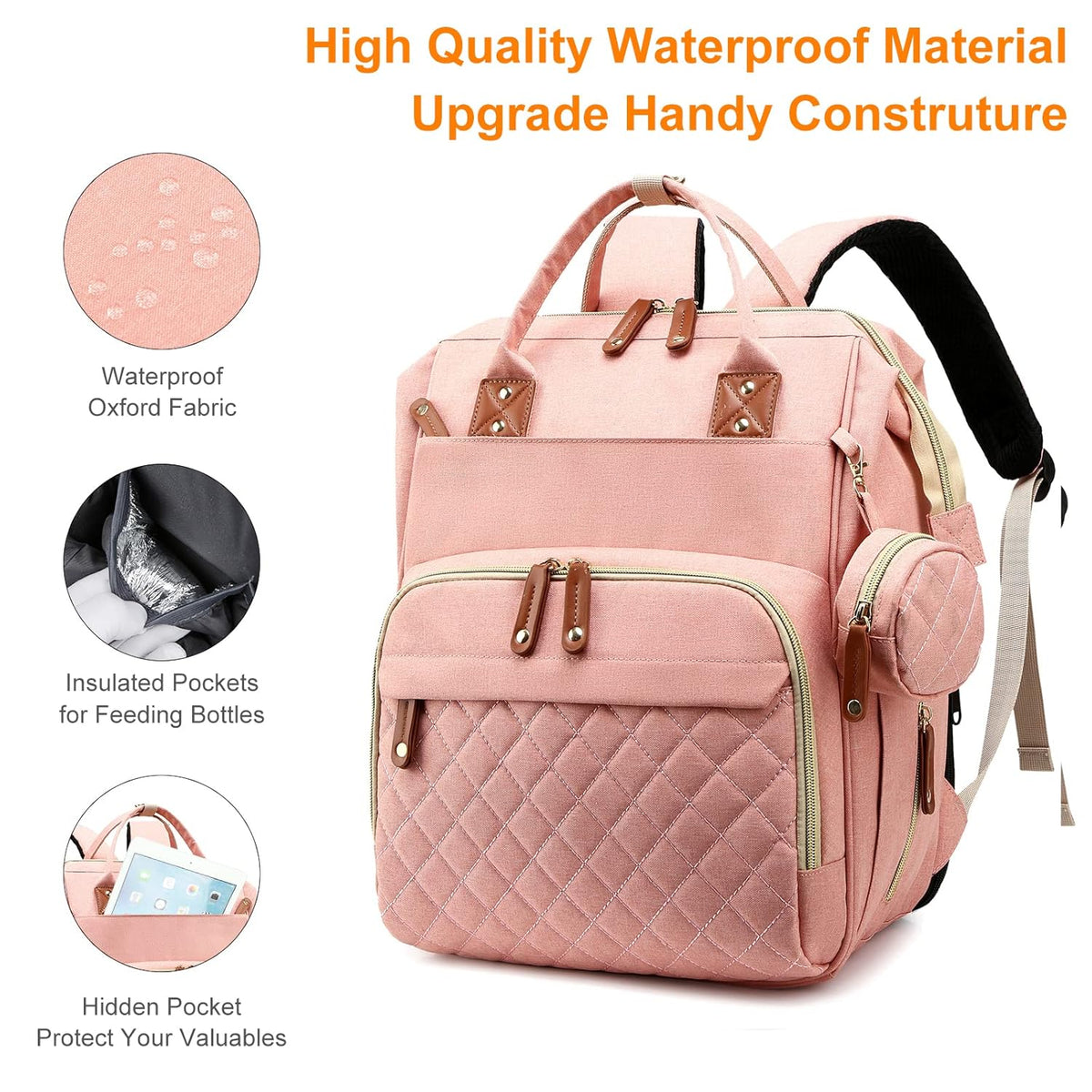 Diaper Bag, Backpack with Changing Station, Waterproof Baby Bag for Boys & Girls, USB Charging Port for Parents, Travel Backpack Baby Essentials & Lovely Baby Shower Gifts, Pink