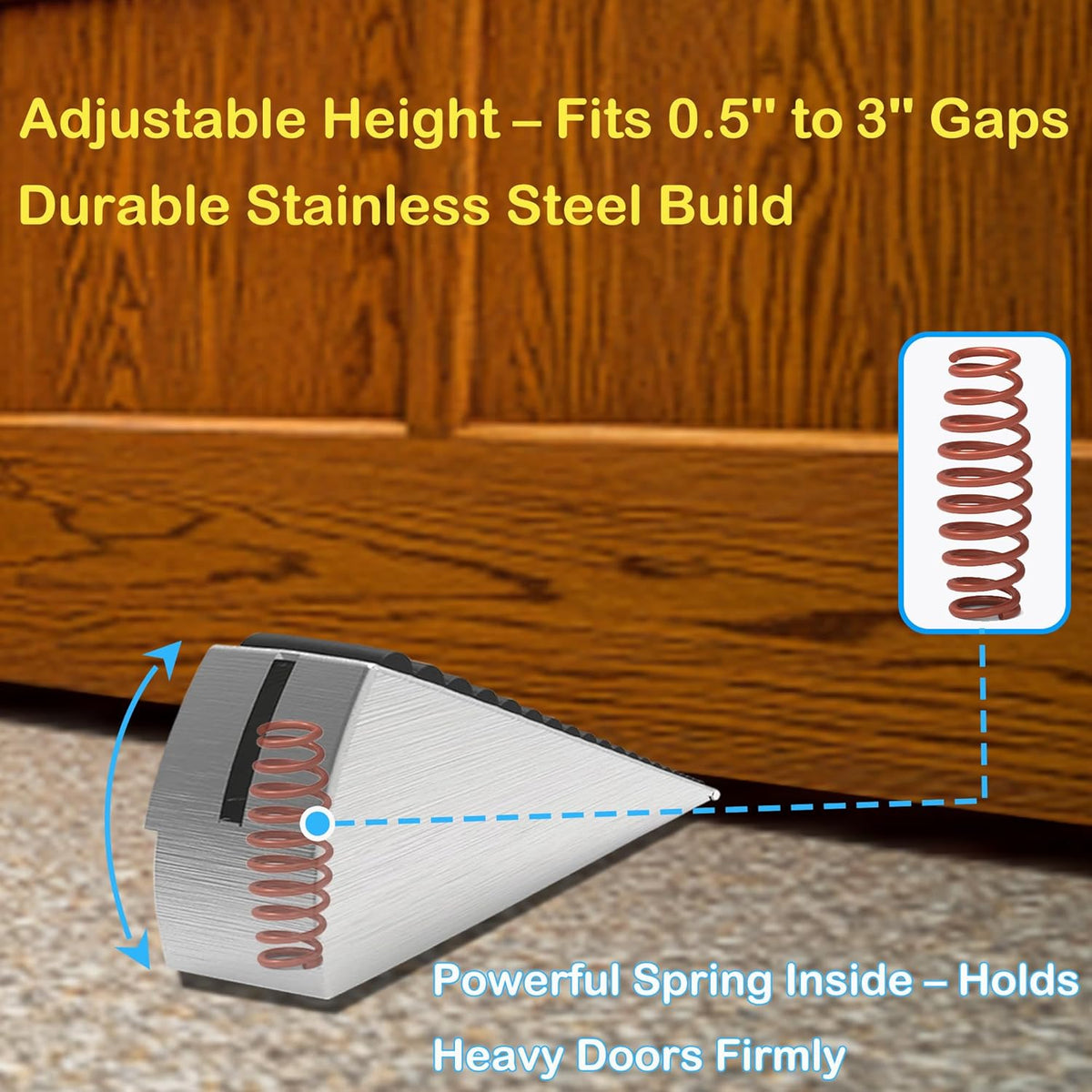Door Stoppers for Bottom of Door Heavy Duty Adjustable Spring Loaded Rubber Wedge 0.2-3" Stackable Set–1 Large + 2 Small, Non-Slip Base, Security Door Stopper for Interior/Exterior/Home/Office