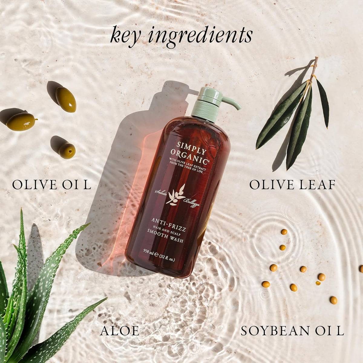 SIMPLY ORGANIC Frizz Control Hair Shampoo Scalp Wash Made in Italy, All Natural Cruelty Free Hair Care for Women & Men with Aloe Leaf Juice & Olive Leaf Extract, 32 fl oz/958 ml, ANTI-FRIZZ