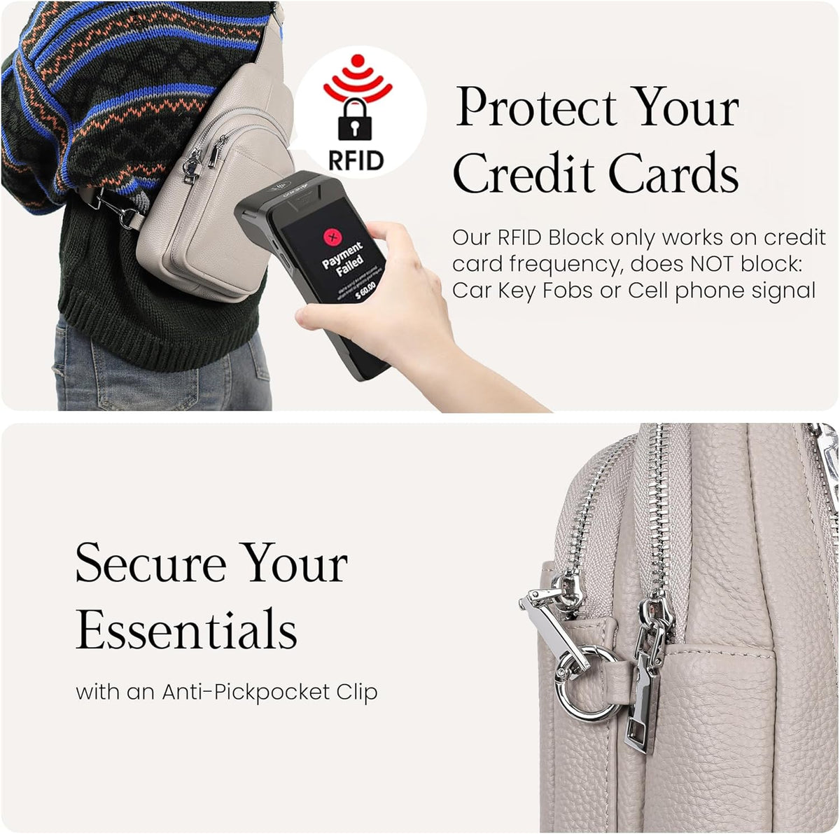befen Genuine Leather Small Sling Bag for Women Anti-Theft Crossbody Chest Bags Fanny Packs for Travel with RFID Card Slots