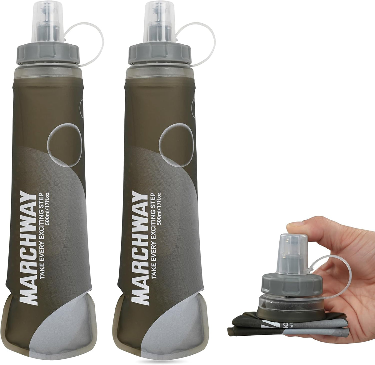 MARCHWAY Soft Hydration Flask with Wide Mouth, 300ml/500ml Collapsible TPU Water Bottle, Leakproof Portable Flexible for Running, Hiking, Cycling, Climbing, Gym, Travel (2pcs Grey 500ml)