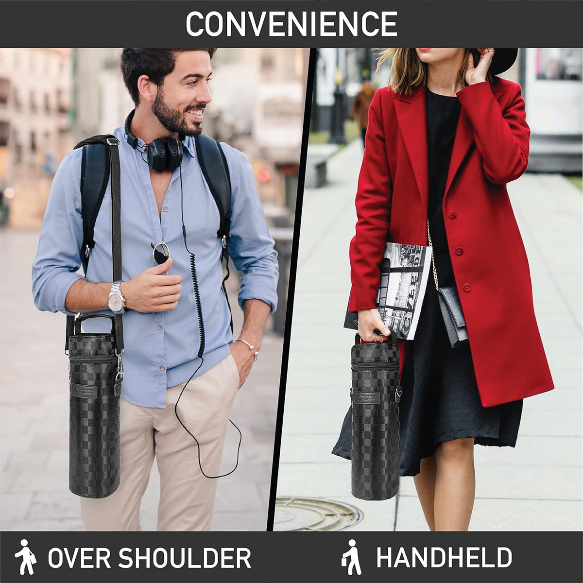 opux Wine Bag Single Bottle Carrier Tote, Insulated Wine Cooler Bag for Travel Picnic Beach with Shoulder Strap, Thermal One Bottle Holder Carrying Case Wine Gift for Women Men, Black Squares