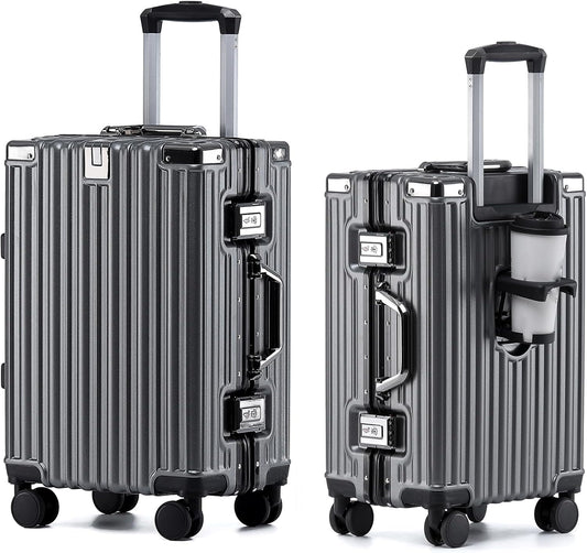 HotWay 26 Inch Aluminum Frame Luggage with Spinner Wheels, PC Hard Shell Suitcase with Cup Holder, Zipperless Luggage for Business Travel, Gray