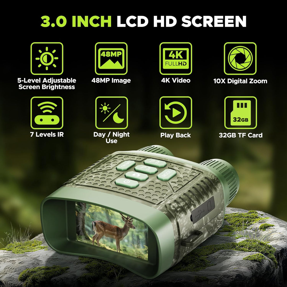 Night Vision Goggles, 4K Night Vision Binoculars, 3'' HD Screen & 10X Digital Zoom, 5000mAh Battery and 32GB TF Card, 1500FT Viewing Range for Camping & Security