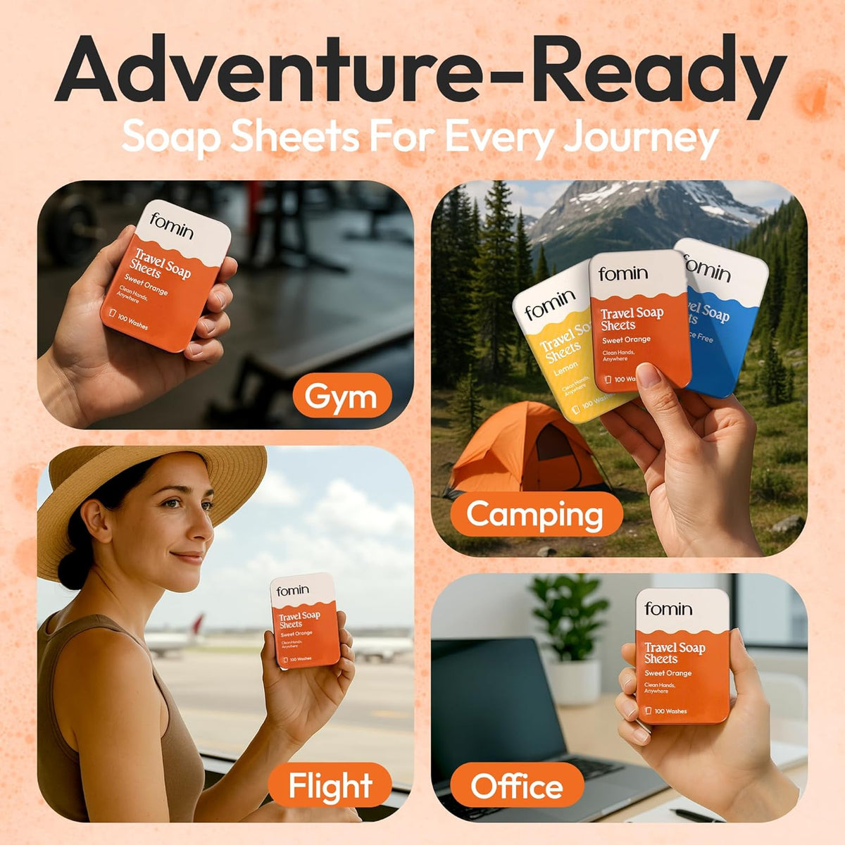 FOMIN - Antibacterial Paper Soap Sheets Tin for Traveling - (100 Sheets) Orange Portable Travel Hand Soap Sheets, Dissolvable Mini Camping Hand Soap for Hand Washing