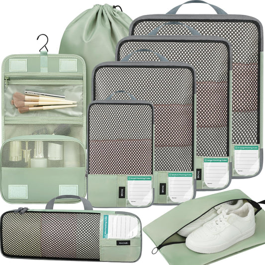 BAGAIL 4 Set/6 Set/8 Set Compression Packing Cubes Travel Accessories Expandable Packing Organizers(HalfMesh, 8-MatchaGreen)