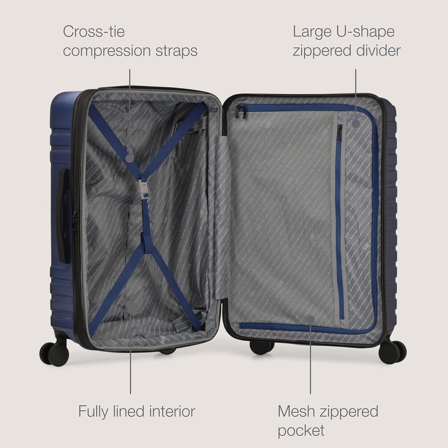 U.S. Traveler Boren Polycarbonate Hardside Rugged Travel Suitcase Luggage with 8 Spinner Wheels, Aluminum Handle, Navy, Carry-on 22-Inch, USB Port