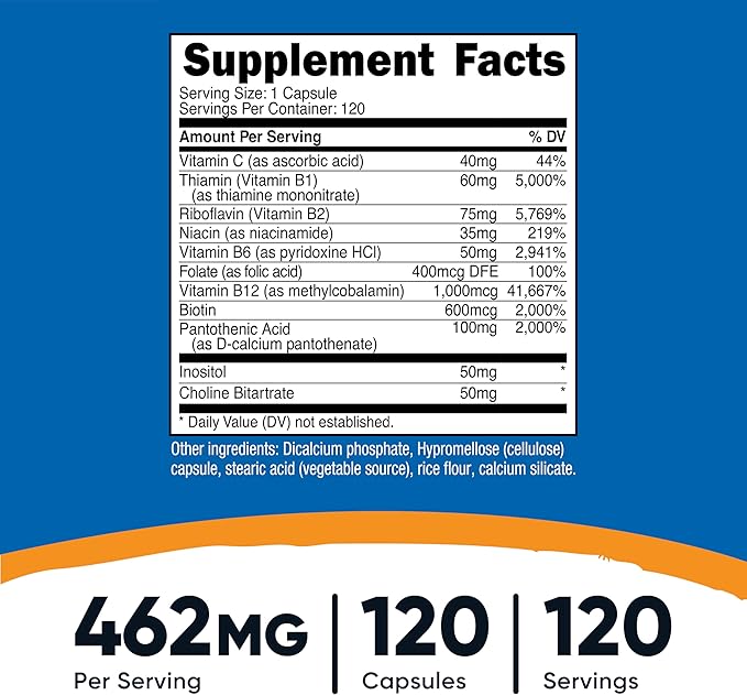 Nutricost High Potency Vitamin B Complex 462mg, 120 Capsules - with Vitamin C - Energy Complex