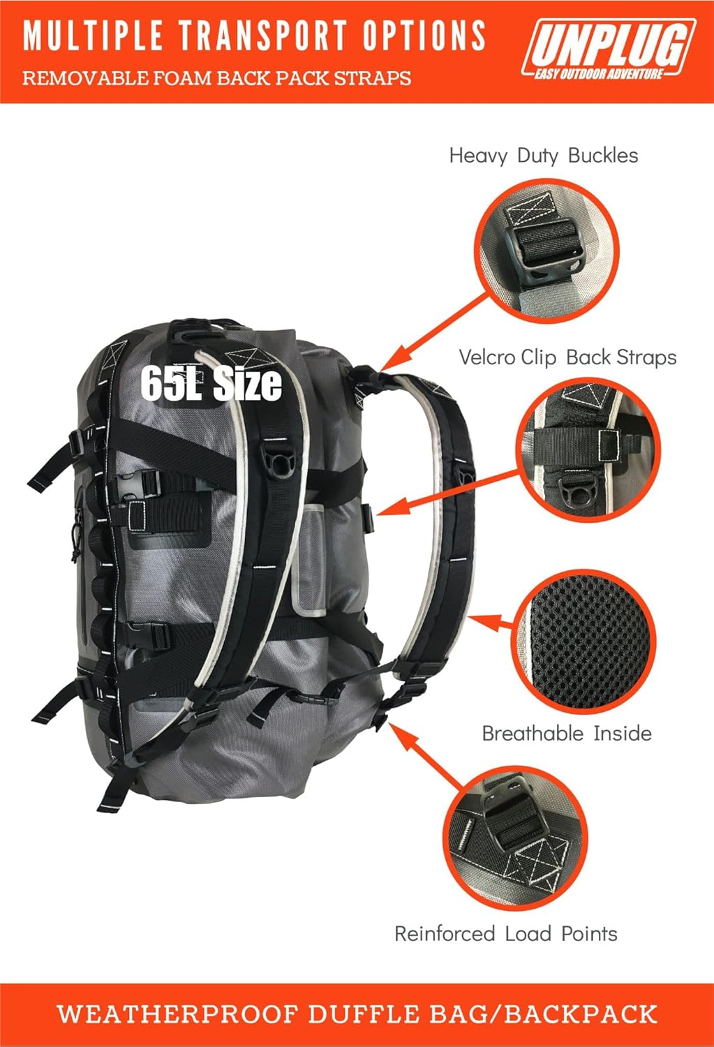UNPLUG Waterproof Bags for Travel -1680D Heavy Duty Waterproof Duffel Bag for Camping, Motorcycle Dry Bag, Hunting Bag, Bug Out Bag, dry bags for kayaking waterproof boat bag (65L Storm Grey)
