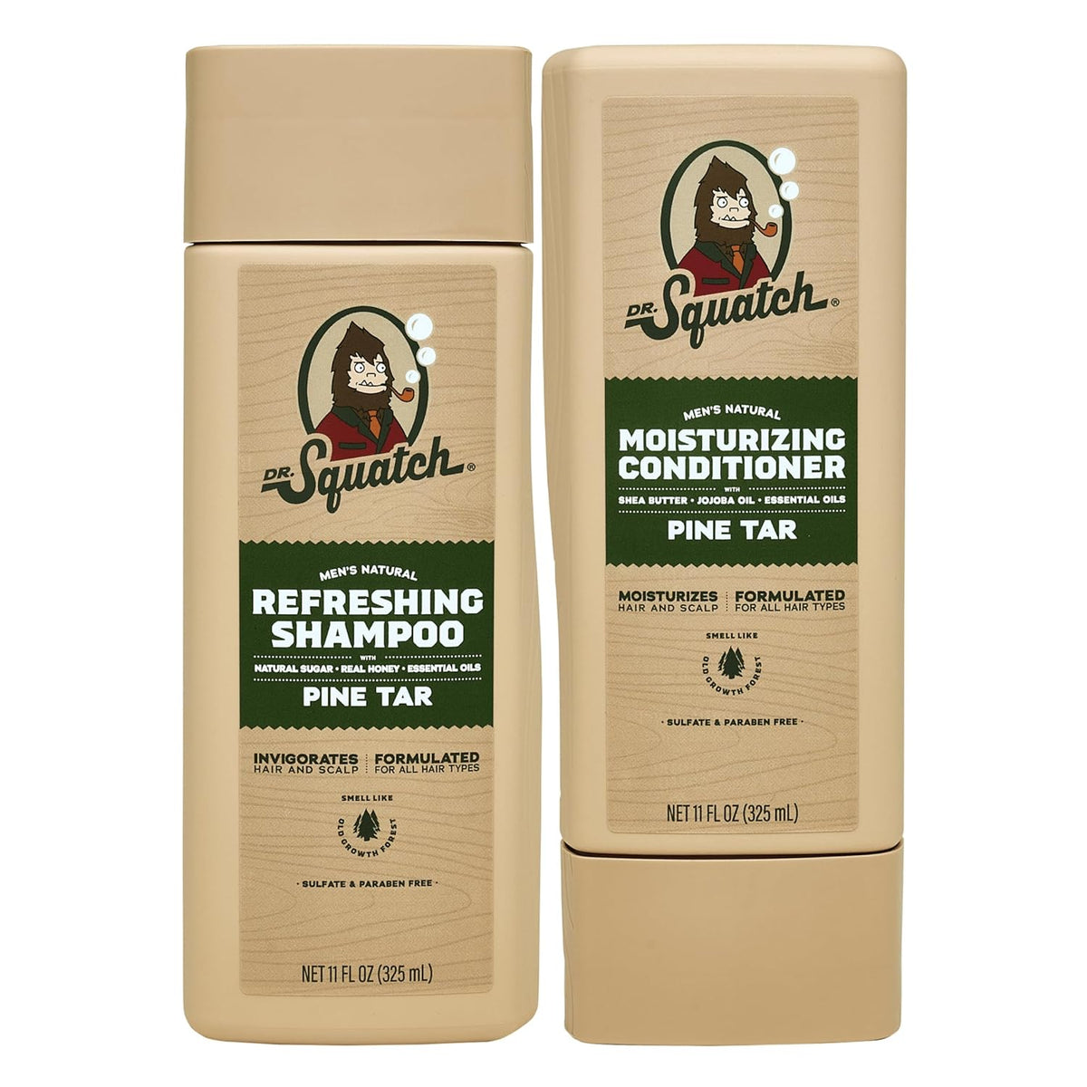 Dr. Squatch Natural Hair Bundle for Men - Healthy, Full Looking Hair - Pine Tar Shampoo (11 fl oz), Pine Tar Conditioner (11 fl oz)