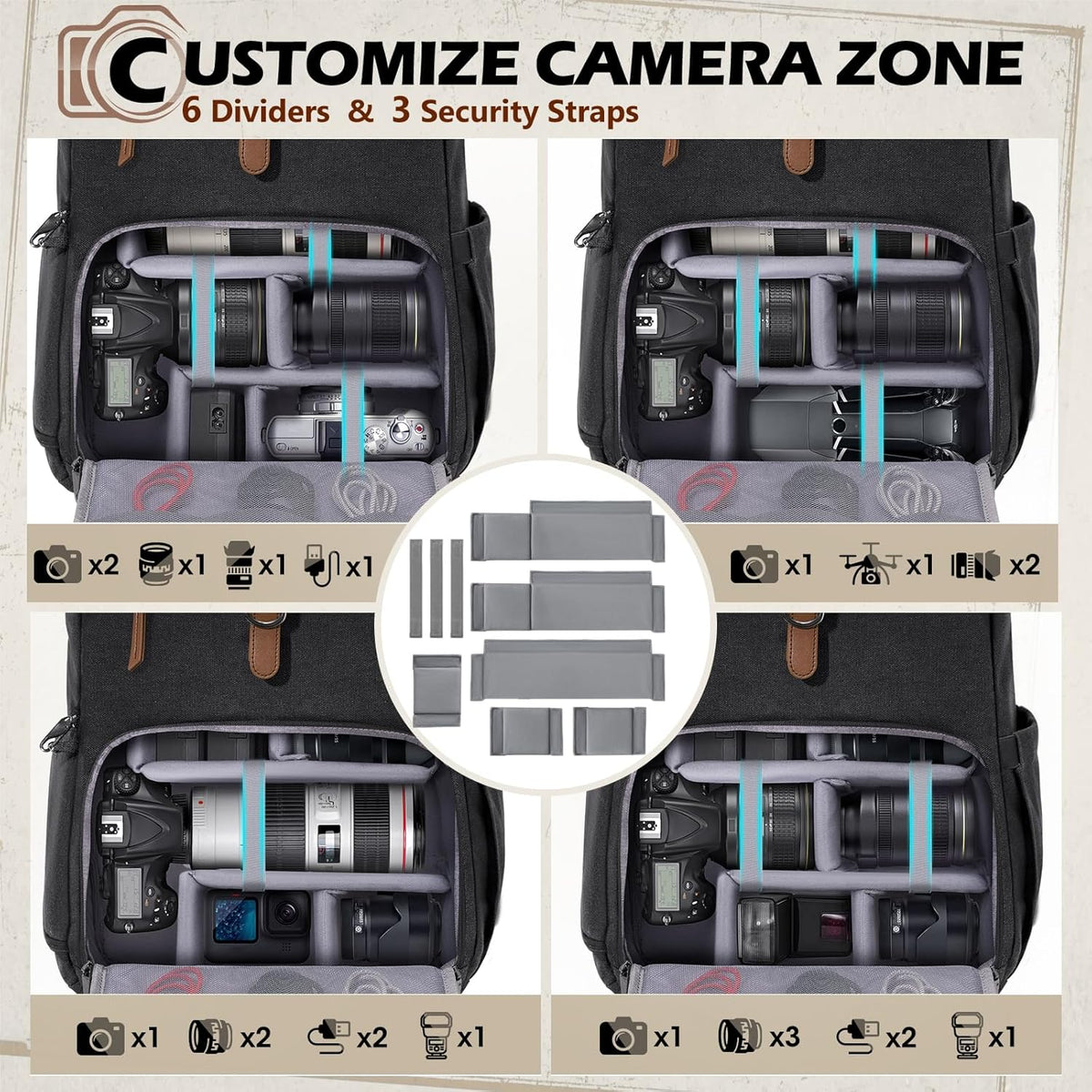 RAINSMORE Camera Bag Backpack for DSLR/SLR Mirrorless 15.6 Inch Laptop Camera Back Pack for Photographers Anti-Theft Photography Bags Case with Tripod Holder & Rain Cover, Black