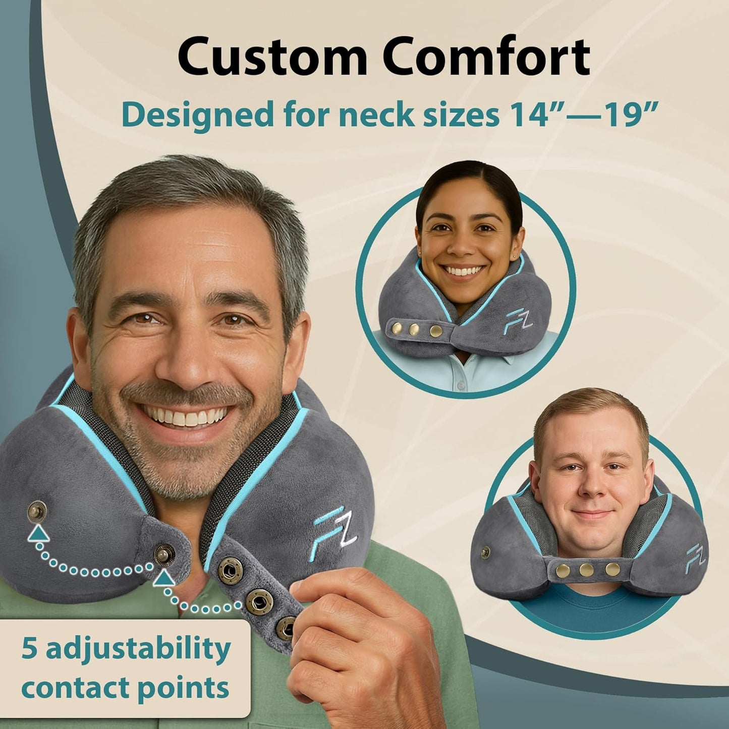 Memory Foam Travel Pillow for Airplanes & Car Rides - Adjustable Airplane Pillow with 360° Chin and Neck Support for Comfy Naps, Extra-Soft Washable Neck Pillow Cover, Squeezy Mesh Bag - Grey