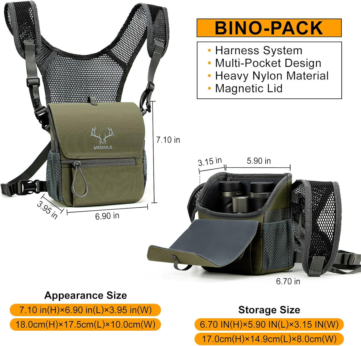 Binocular Harness Chest Pack: Bino Case with Magnetic Lid and Rain Cover for Hunting(Green)