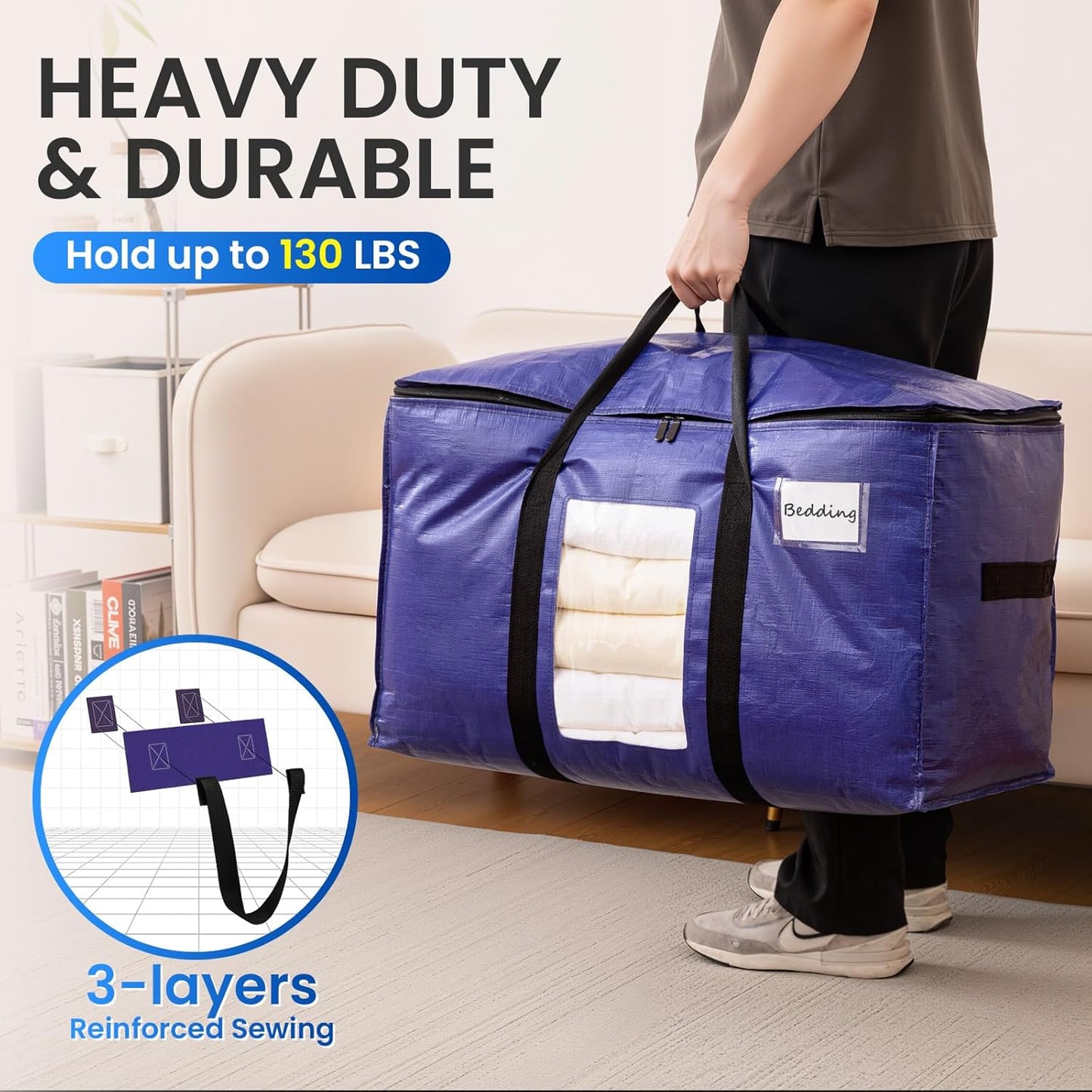 TAILI 2 Pack Dark Blue Extra Large Moving Bags, Heavy Duty Totes with Visible Window, Wrap Around Handles, Great for Storage