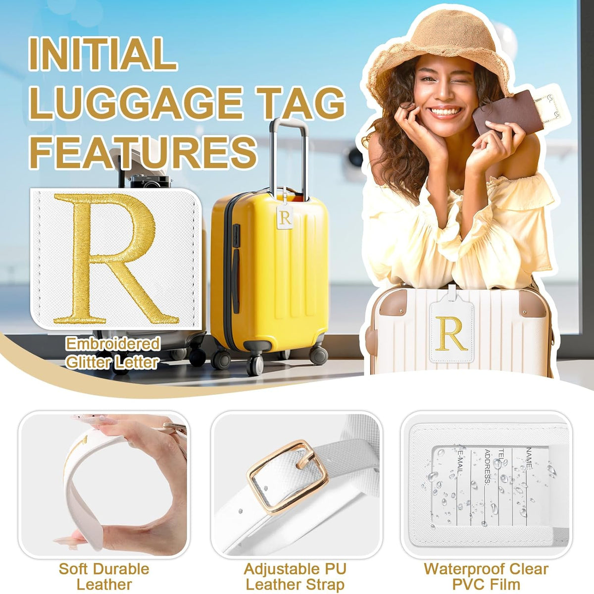 Personalized Initial Luggage Tags for Suitcase TSA Approved, White Leather Cute Luggage Tag with Privacy Cover Name Card, Embroidered Custom Luggage Tags Travel Baggage Tags Gifts for Women Kids(R)