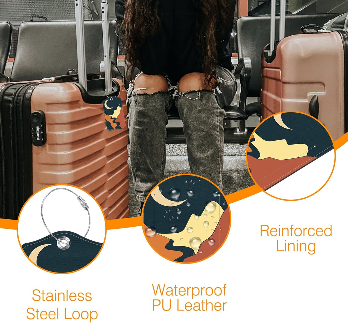 Luggage Tags for Suitcase Mountains Lake Sun Moon 2 PCS Leather Travel Luggage Tag with Stainless Steel Loop Name ID Label Privacy Cover for Women Men Travel